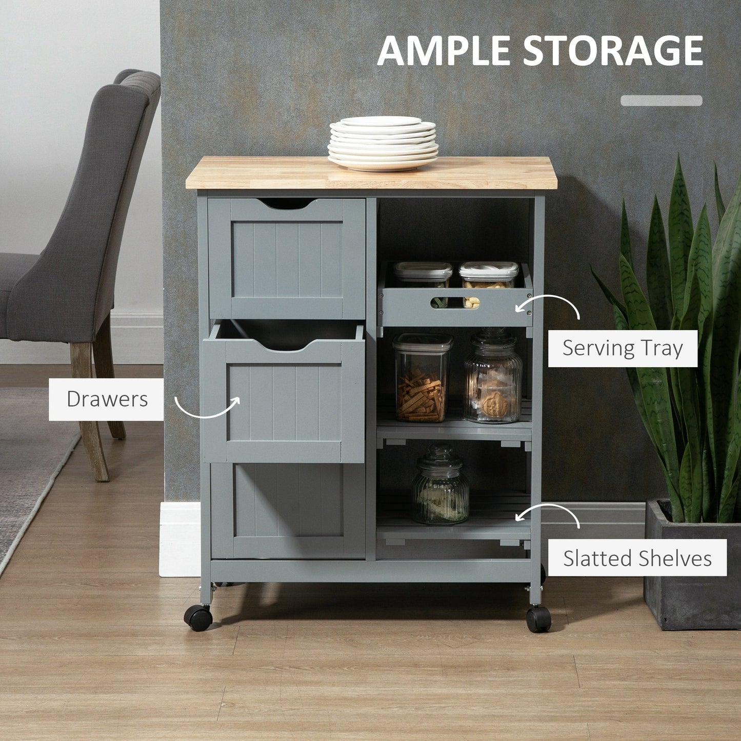 Chariot de cuisine roulant HOMCOM, chariot de service de bar, chariot compact sur roulettes avec plateau en bois, étagères et tiroirs pour la salle à manger à domicile