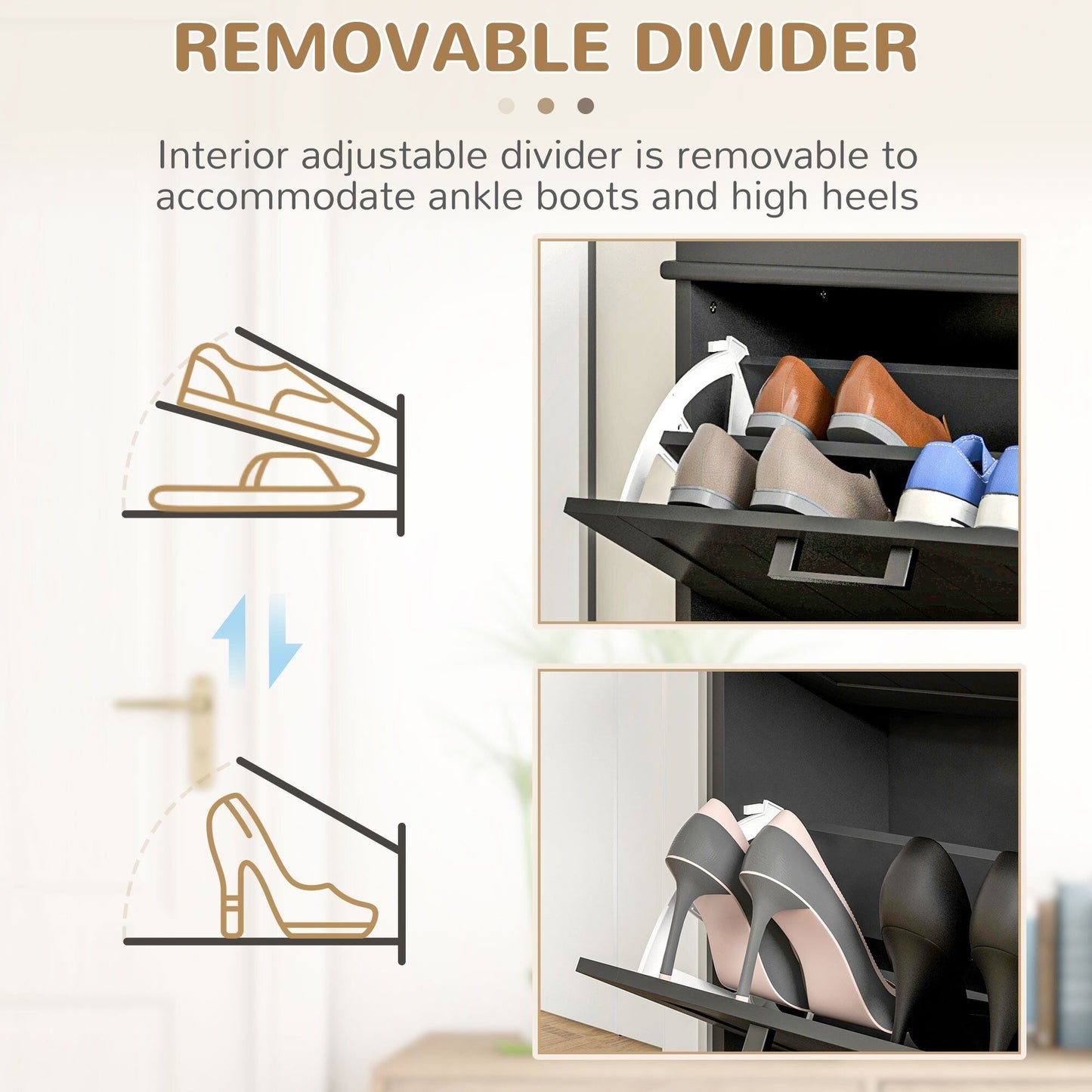 Meuble à chaussures HOMCOM pour entrée, étagère à chaussures étroite avec 2 tiroirs rabattables et étagères réglables