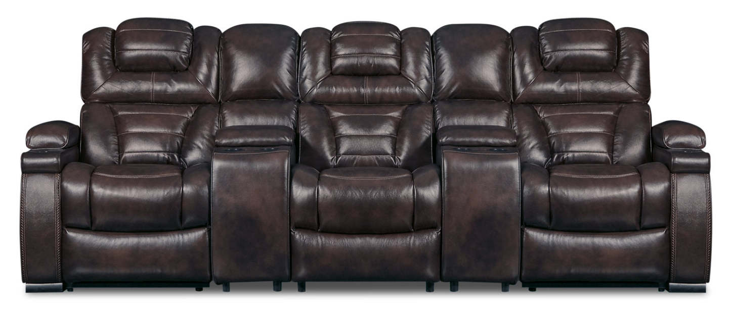 Canapé sectionnel à inclinaison électrique Hugo 5 pièces en cuir avec accoudoirs de rangement véritable et porte-gobelets - brun