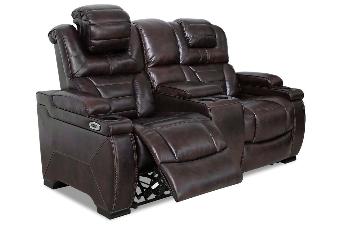 Hugo 73 Genuine Leather Power Reclining Loveseat with Power Headrests, Storage Console and USB Ports - Brown | Causeuse à inclinaison électrique Hugo de 73 po en cuir véritable avec appuie-têtes électriques, console de rangement et ports USB - brune
