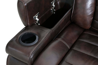 Hugo 73 Genuine Leather Power Reclining Loveseat with Power Headrests, Storage Console and USB Ports - Brown | Causeuse à inclinaison électrique Hugo de 73 po en cuir véritable avec appuie-têtes électriques, console de rangement et ports USB - brune