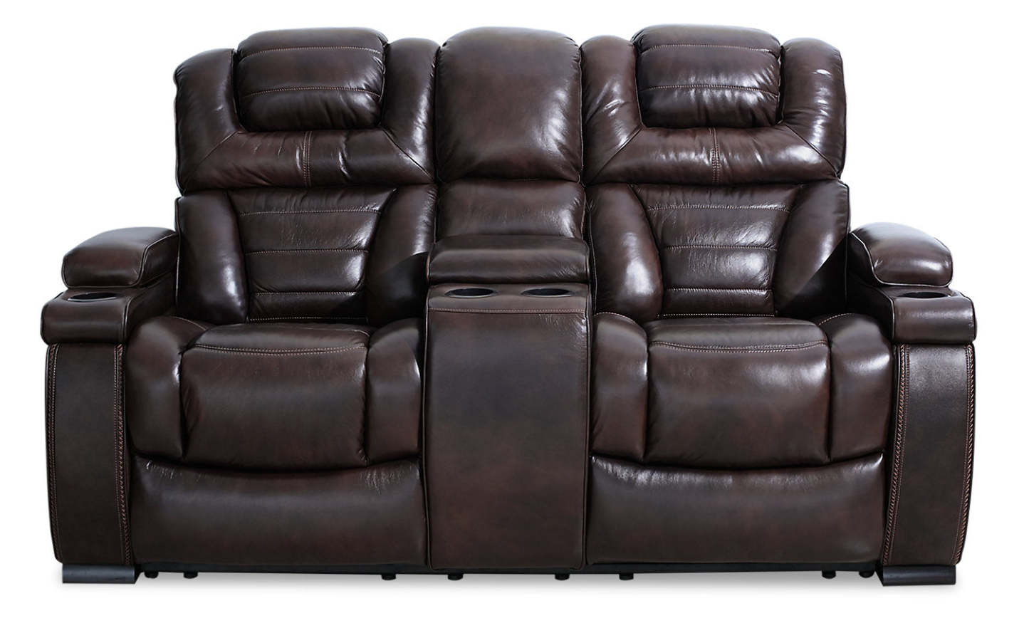 Hugo 73 Genuine Leather Power Reclining Loveseat with Power Headrests, Storage Console and USB Ports - Brown | Causeuse à inclinaison électrique Hugo de 73 po en cuir véritable avec appuie-têtes électriques, console de rangement et ports USB - brune