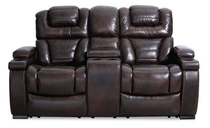 Hugo 73 Genuine Leather Power Reclining Loveseat with Power Headrests, Storage Console and USB Ports - Brown | Causeuse à inclinaison électrique Hugo de 73 po en cuir véritable avec appuie-têtes électriques, console de rangement et ports USB - brune