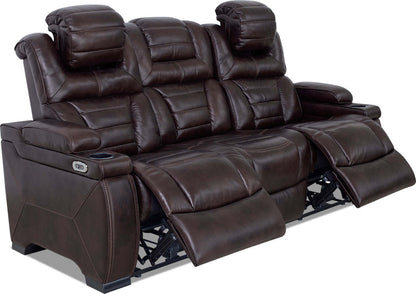 Hugo 84 Genuine Leather Power Reclining Sofa with Power Headrests, Dual Cupholders and USB Ports - Brown | Sofa à inclinaison électrique Hugo de 84 po en cuir véritable avec appuie-têtes électriques, 2 porte-gobelets et ports USB - brun