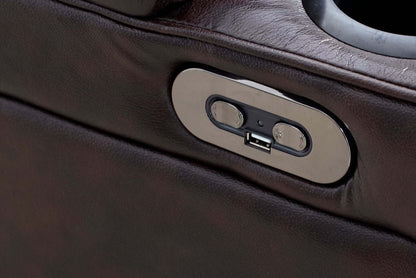 Hugo 84 Genuine Leather Power Reclining Sofa with Power Headrests, Dual Cupholders and USB Ports - Brown | Sofa à inclinaison électrique Hugo de 84 po en cuir véritable avec appuie-têtes électriques, 2 porte-gobelets et ports USB - brun
