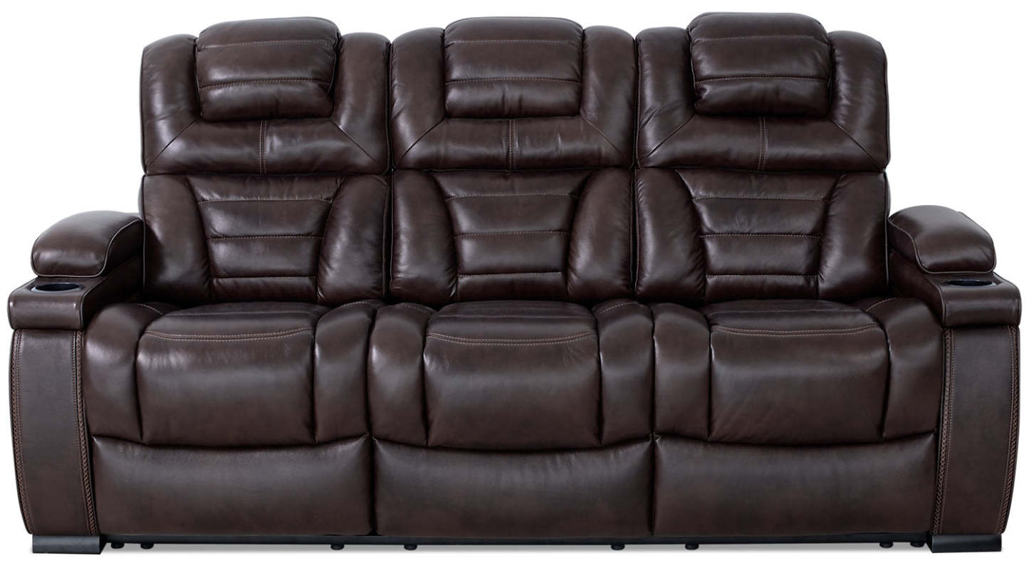 Hugo 84 Genuine Leather Power Reclining Sofa with Power Headrests, Dual Cupholders and USB Ports - Brown | Sofa à inclinaison électrique Hugo de 84 po en cuir véritable avec appuie-têtes électriques, 2 porte-gobelets et ports USB - brun