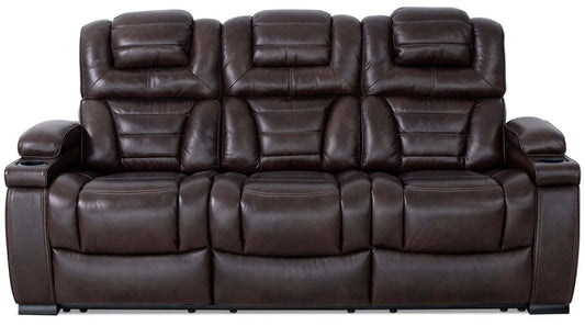 Hugo 84 Genuine Leather Power Reclining Sofa with Power Headrests, Dual Cupholders and USB Ports - Brown | Sofa à inclinaison électrique Hugo de 84 po en cuir véritable avec appuie-têtes électriques, 2 porte-gobelets et ports USB - brun