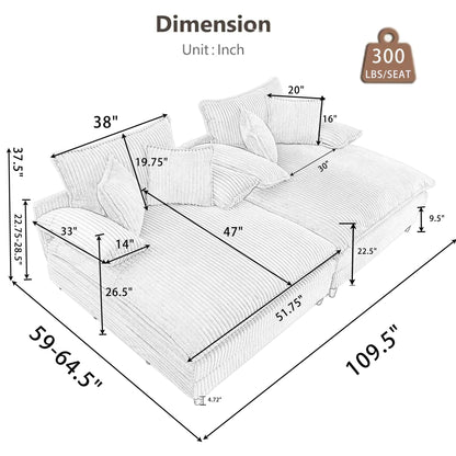 Canapé-lit Harmonia 109 W surdimensionné en velours côtelé, siège profond, double chaise longue avec 4 oreillers