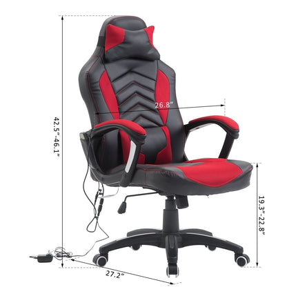 Fauteuil de jeu pour ordinateur, massage par 6 points vibrants, 5 modes, style course, chauffant, pivotant, roulant, avec appui-tête