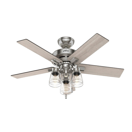 Ventilateur de plafond Hunter 44 Altidore en nickel brossé avec kit d'éclairage LED et chaînette - Style campagnard, rustique et transitionnel
