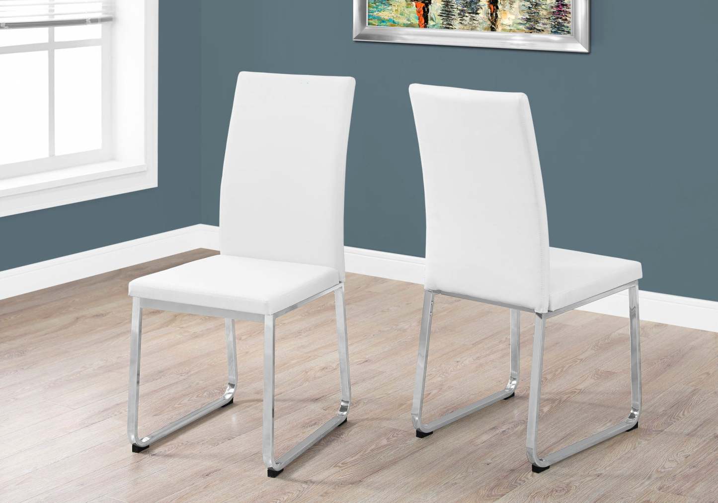 2pcs White Leather-look Chrome Dining Chair|Chaise de salle à manger chrome et apparence cuir blanc, 2 pièces|D90F9P3H