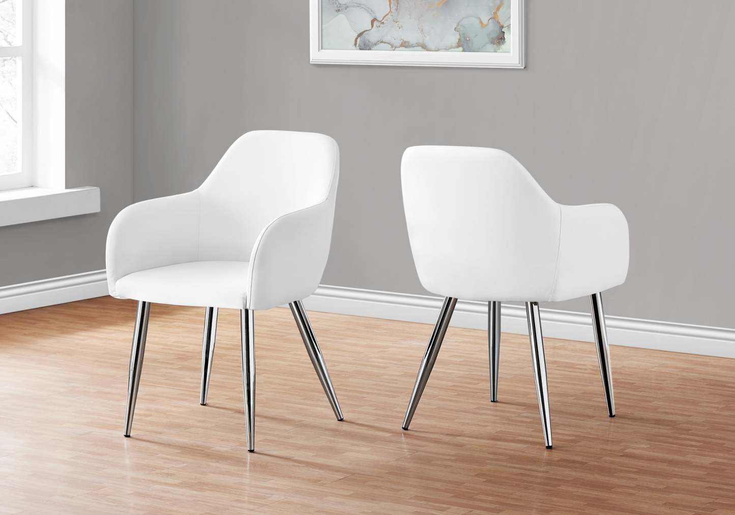 Lot de 2 chaises de salle à manger en métal chromé aspect cuir blanc|Chaise de salle à manger métal chromé et d'apparence cuir blanc, ensemble de 2|D90FANL3