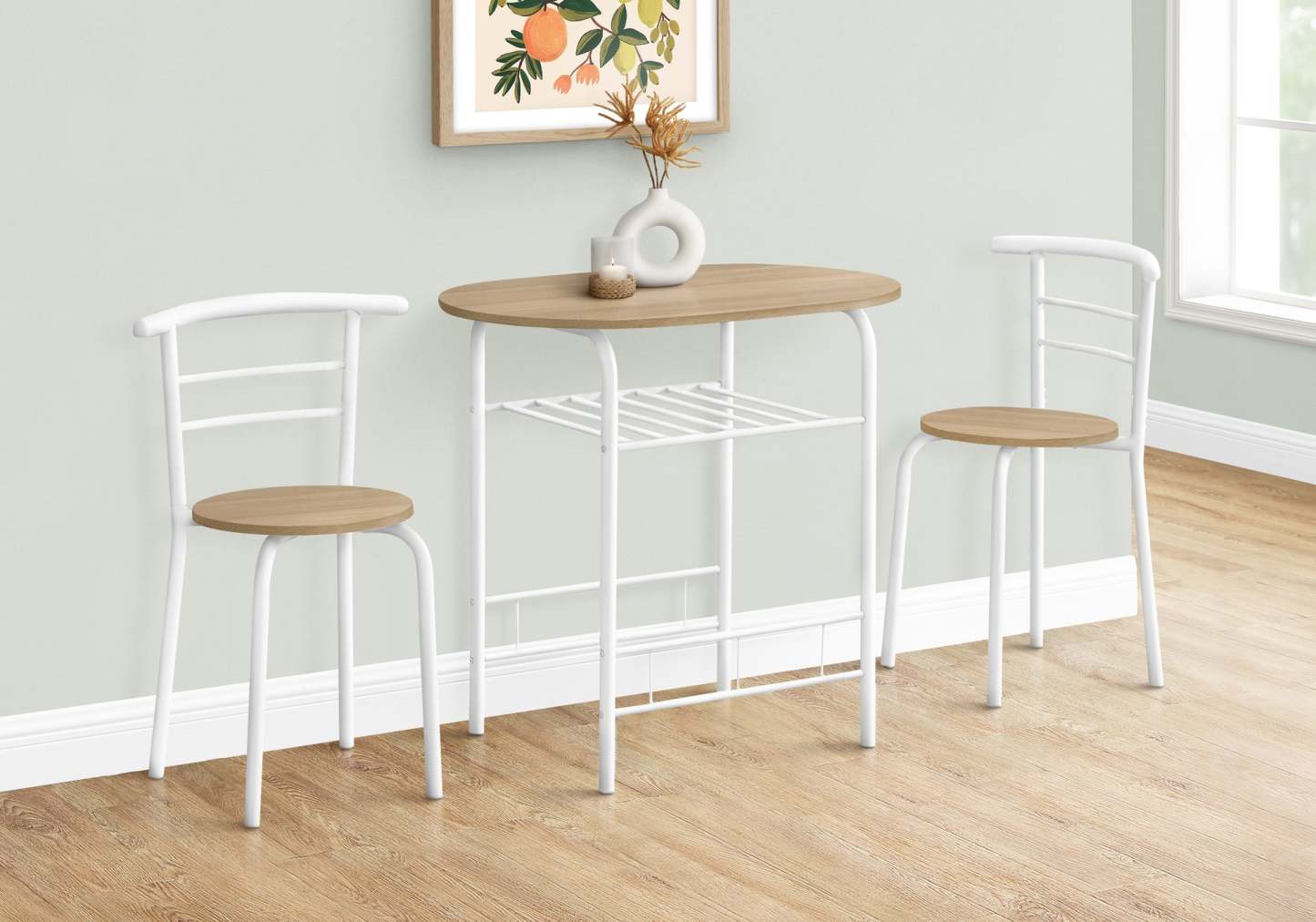 3pcs Natural Top White Metal Dining Set|Ensemble de salle à manger à dessus naturel et métal blanc, 3 pièces|D90FOWUA
