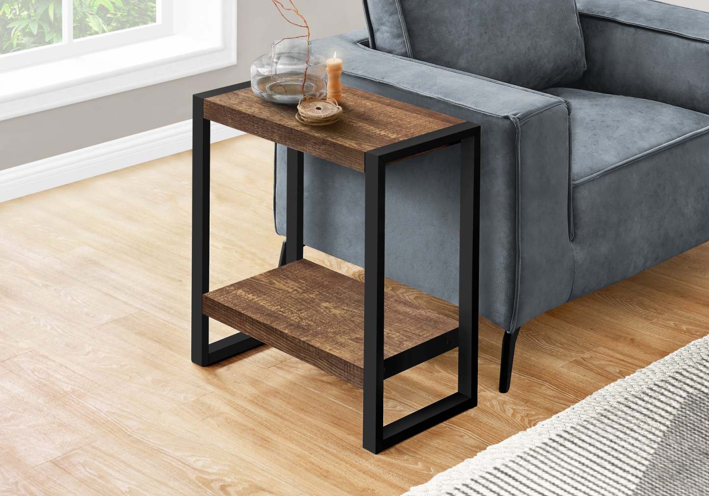 Table d'appoint en métal noir et d'apparence bois recyclé brun|Brown Reclaimed Wood-look Black Metal Side Table|D90F9K2X