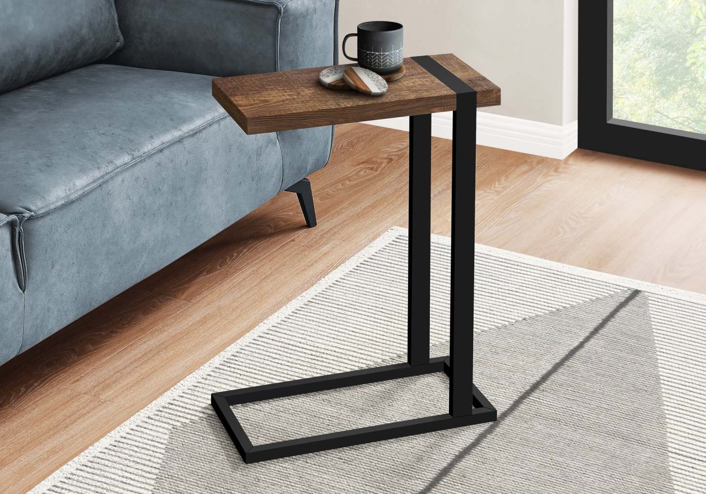 Table d'appoint en métal noir et d'apparence bois recyclé brun|Brown Reclaimed Wood-look Black Metal Side Table|D90FGAI3