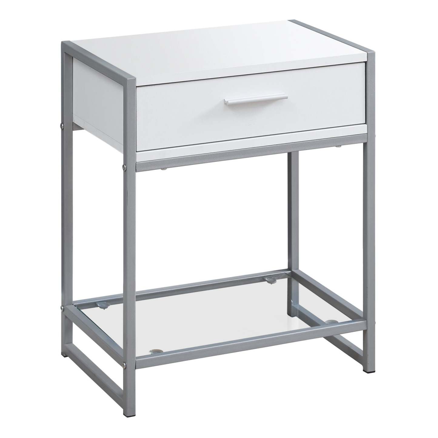 Table d'appoint blanche, métal argenté et verre trempé|White Silver Metal Tempered Glass Accent Table|D90FQOY8