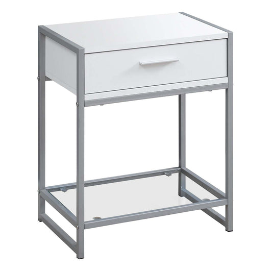 Table d'appoint blanche, métal argenté et verre trempé|White Silver Metal Tempered Glass Accent Table|D90FQOY8