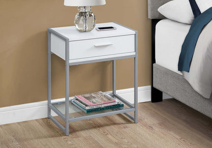 Table d'appoint blanche, métal argenté et verre trempé|White Silver Metal Tempered Glass Accent Table|D90FQOY8
