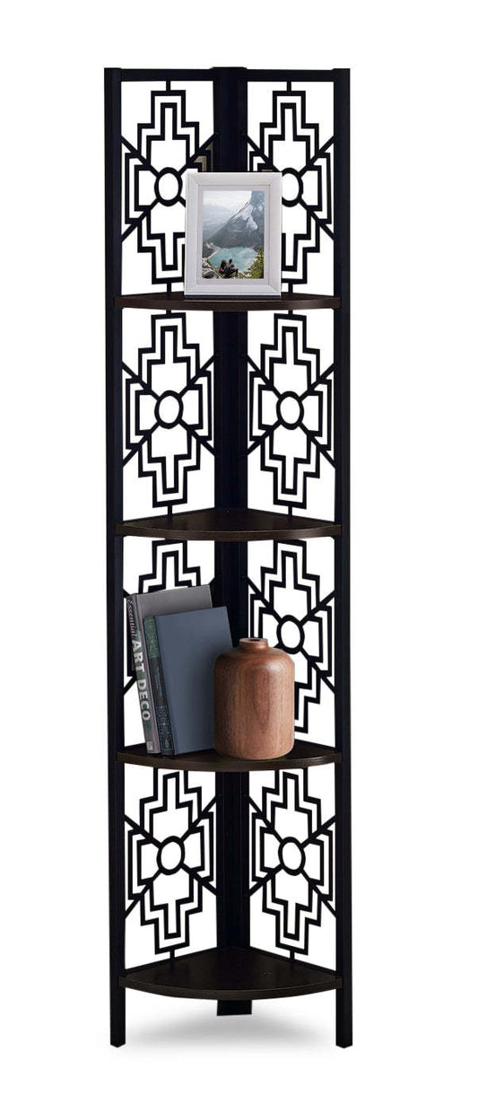 Espresso Black Metal Corner Etagere Bookcase|Bibliothèque étagère en coin espresso et métal noir|D90FPJFJ