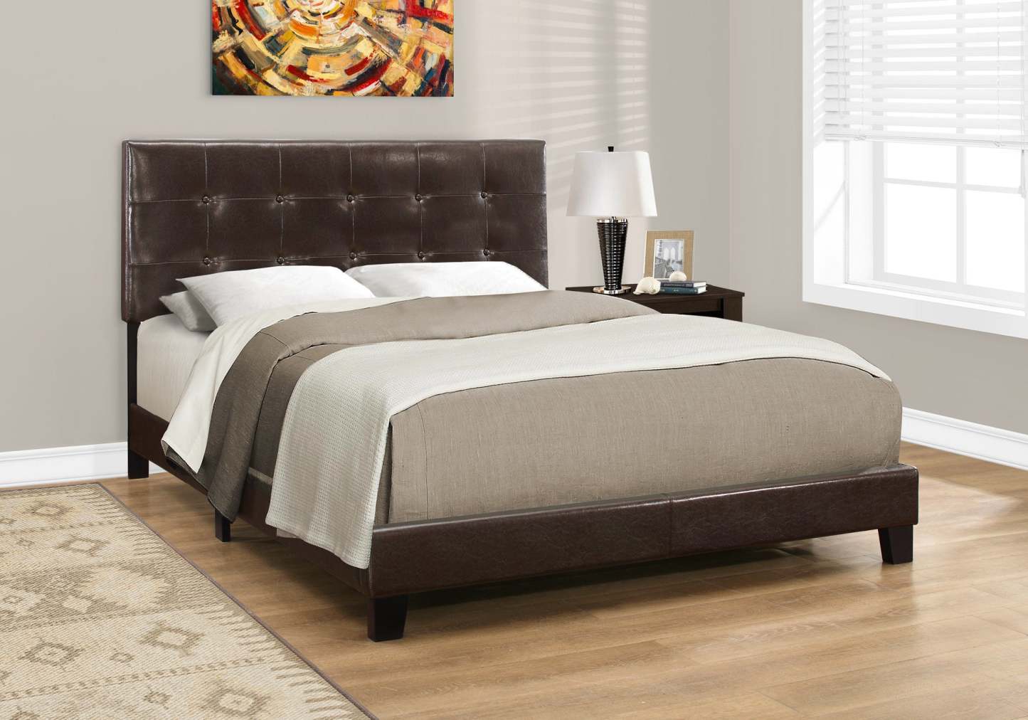 Queen Size Dark Brown Leather-look Bed|Grand lit d’apparence cuir brun foncé|D90FWY9T