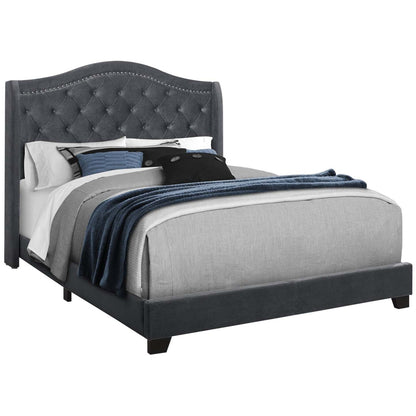 Queen Size Dark Grey Velvet with Chrome Trim Bed|Grand lit en velours gris foncé avec bordure chromée|D90F7H1Q