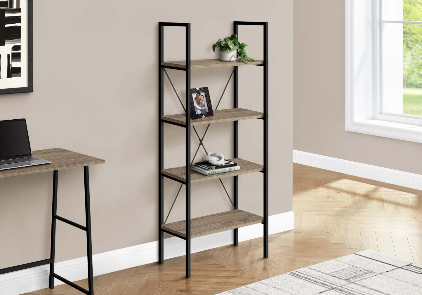 Dark Taupe Black Metal Bookcase|Bibliothèque taupe foncé et métal noir|D90FHV7X