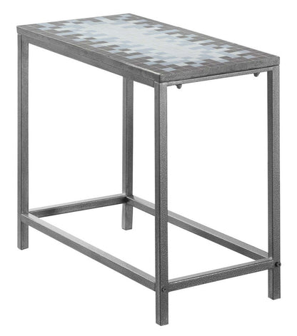 Grey Blue Tile Top Hammered Silver Accent Table|Table d'appoint argentée martelée et dessus à carreaux bleus et gris|D90FG767