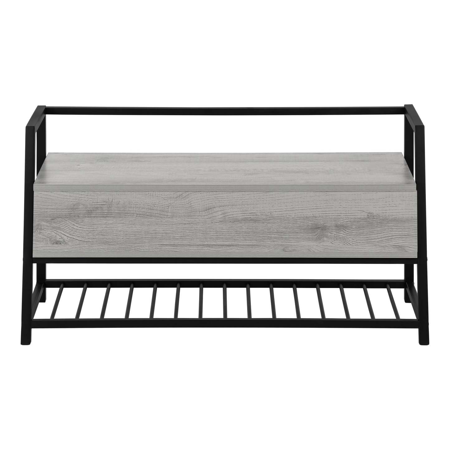 Banc d'apparence bois gris et métal noir|Banc d'apparence bois gris et métal noir|D90FWE0G