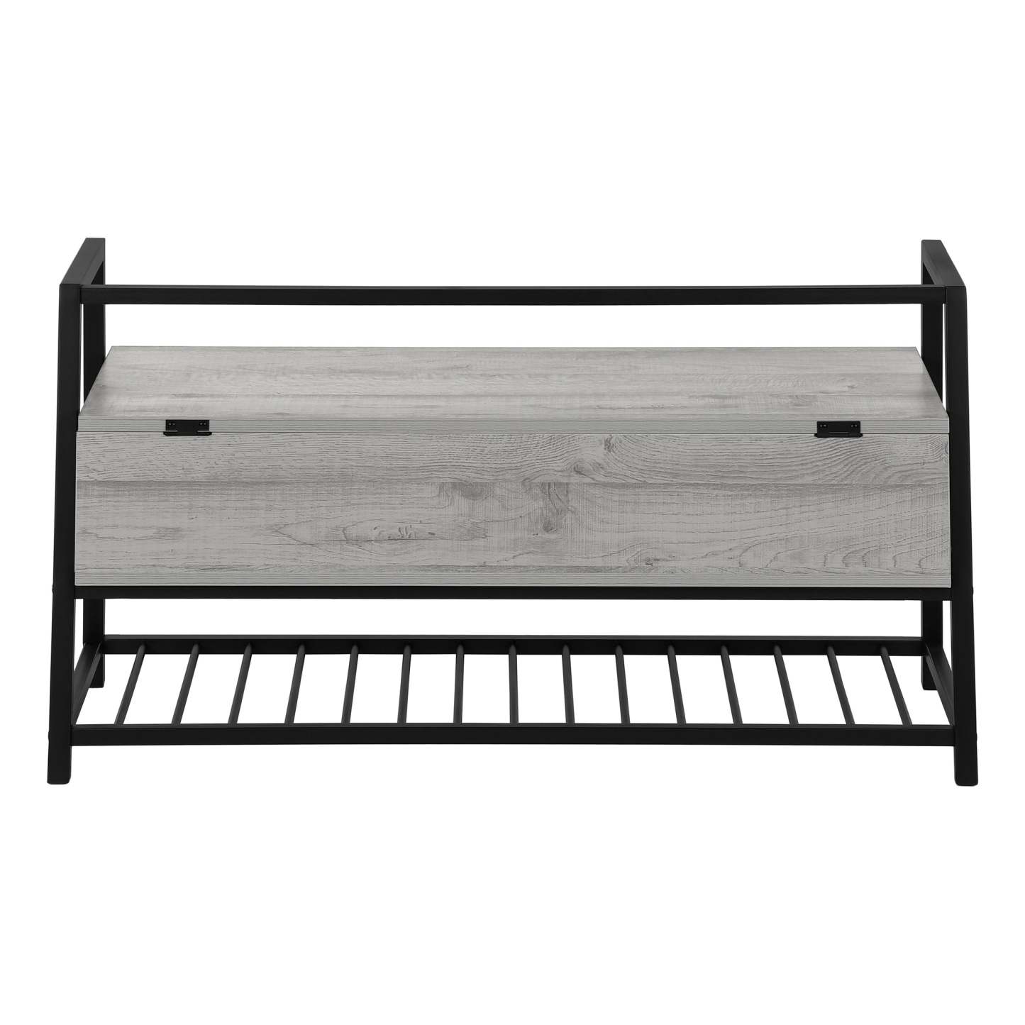 Banc d'apparence bois gris et métal noir|Banc d'apparence bois gris et métal noir|D90FWE0G