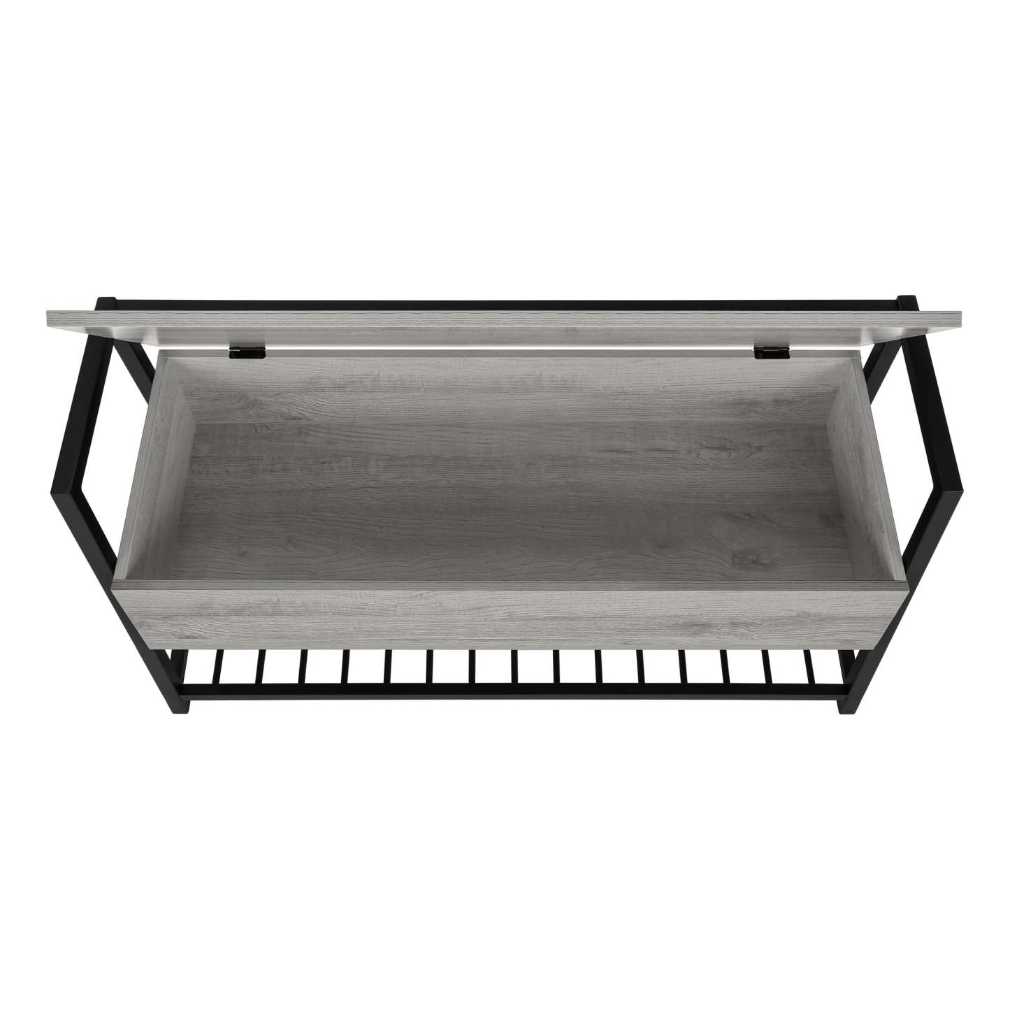 Banc d'apparence bois gris et métal noir|Banc d'apparence bois gris et métal noir|D90FWE0G