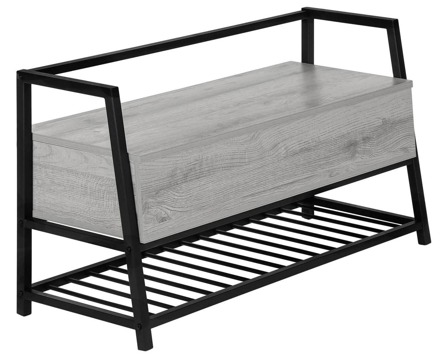 Banc d'apparence bois gris et métal noir|Banc d'apparence bois gris et métal noir|D90FWE0G
