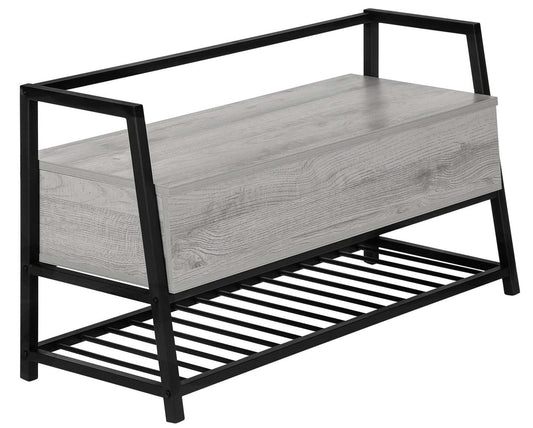 Banc d'apparence bois gris et métal noir|Banc d'apparence bois gris et métal noir|D90FWE0G