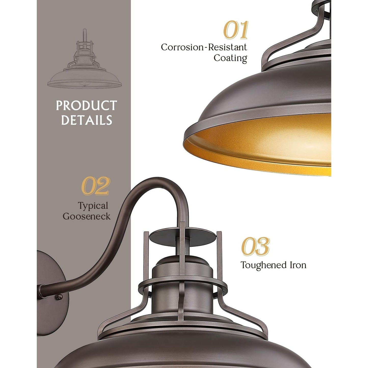 Appliques murales d'intérieur/extérieur, appliques murales à col de cygne style ferme vintage, finition bronze huilé