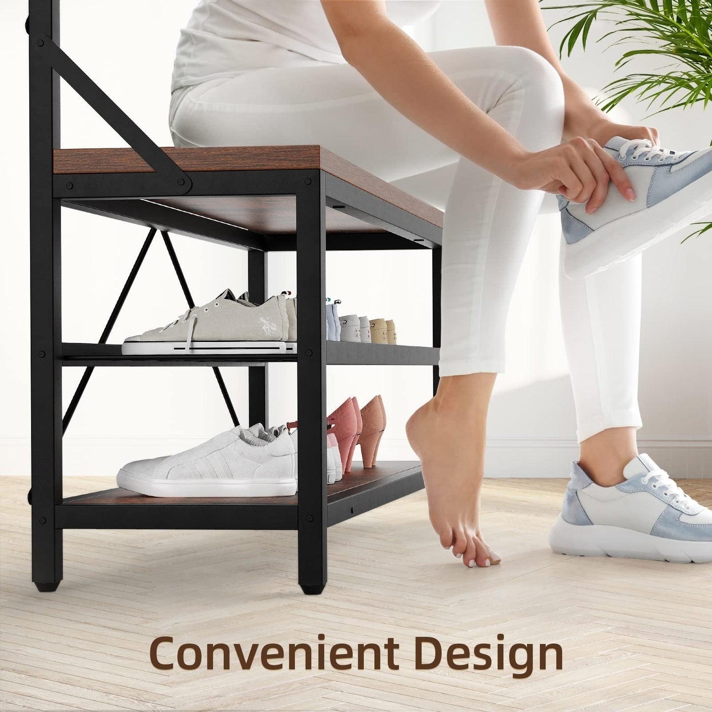 Porte-manteau industriel avec banc à chaussures intégré - Meuble d'entrée 3 en 1