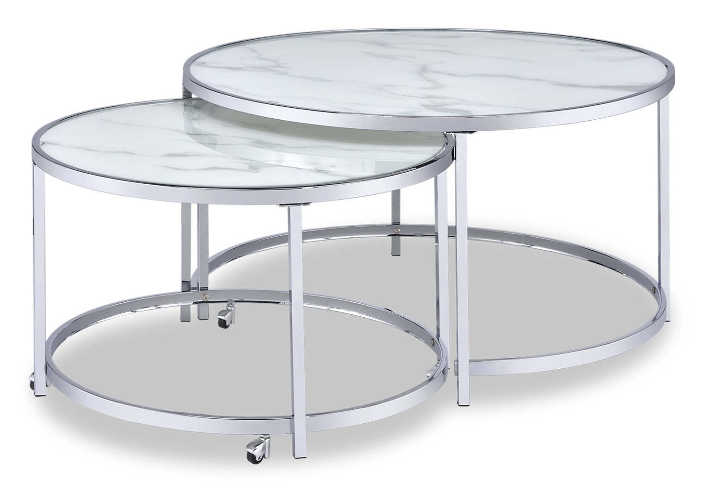 Josie 36 Glam Round Glass Top Nesting Coffee Tables - Grey Marble Look with Metal Legs|Tables à café gigognes rondes somptueuses Josie de 36 po avec dessus en verre - imitation de marbre gris avec pattes en métal