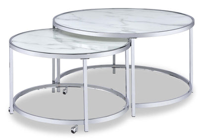 Josie 36 Glam Round Glass Top Nesting Coffee Tables - Grey Marble Look with Metal Legs|Tables à café gigognes rondes somptueuses Josie de 36 po avec dessus en verre - imitation de marbre gris avec pattes en métal