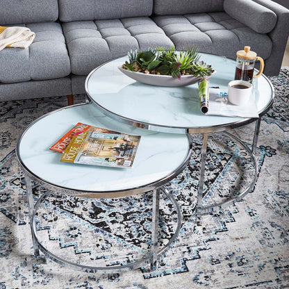 Josie 36 Glam Round Glass Top Nesting Coffee Tables - Grey Marble Look with Metal Legs|Tables à café gigognes rondes somptueuses Josie de 36 po avec dessus en verre - imitation de marbre gris avec pattes en métal