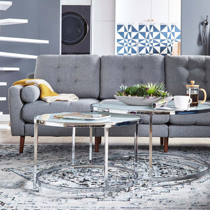 Josie 36 Glam Round Glass Top Nesting Coffee Tables - Grey Marble Look with Metal Legs|Tables à café gigognes rondes somptueuses Josie de 36 po avec dessus en verre - imitation de marbre gris avec pattes en métal