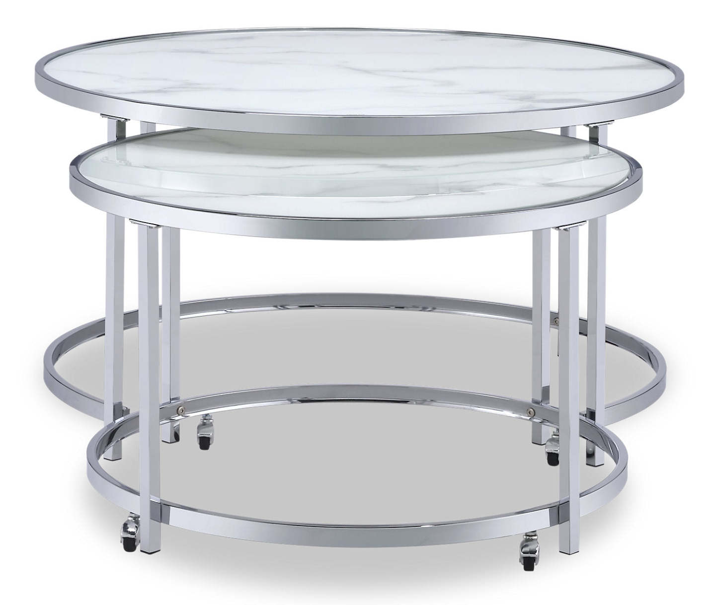 Josie 36 Glam Round Glass Top Nesting Coffee Tables - Grey Marble Look with Metal Legs|Tables à café gigognes rondes somptueuses Josie de 36 po avec dessus en verre - imitation de marbre gris avec pattes en métal