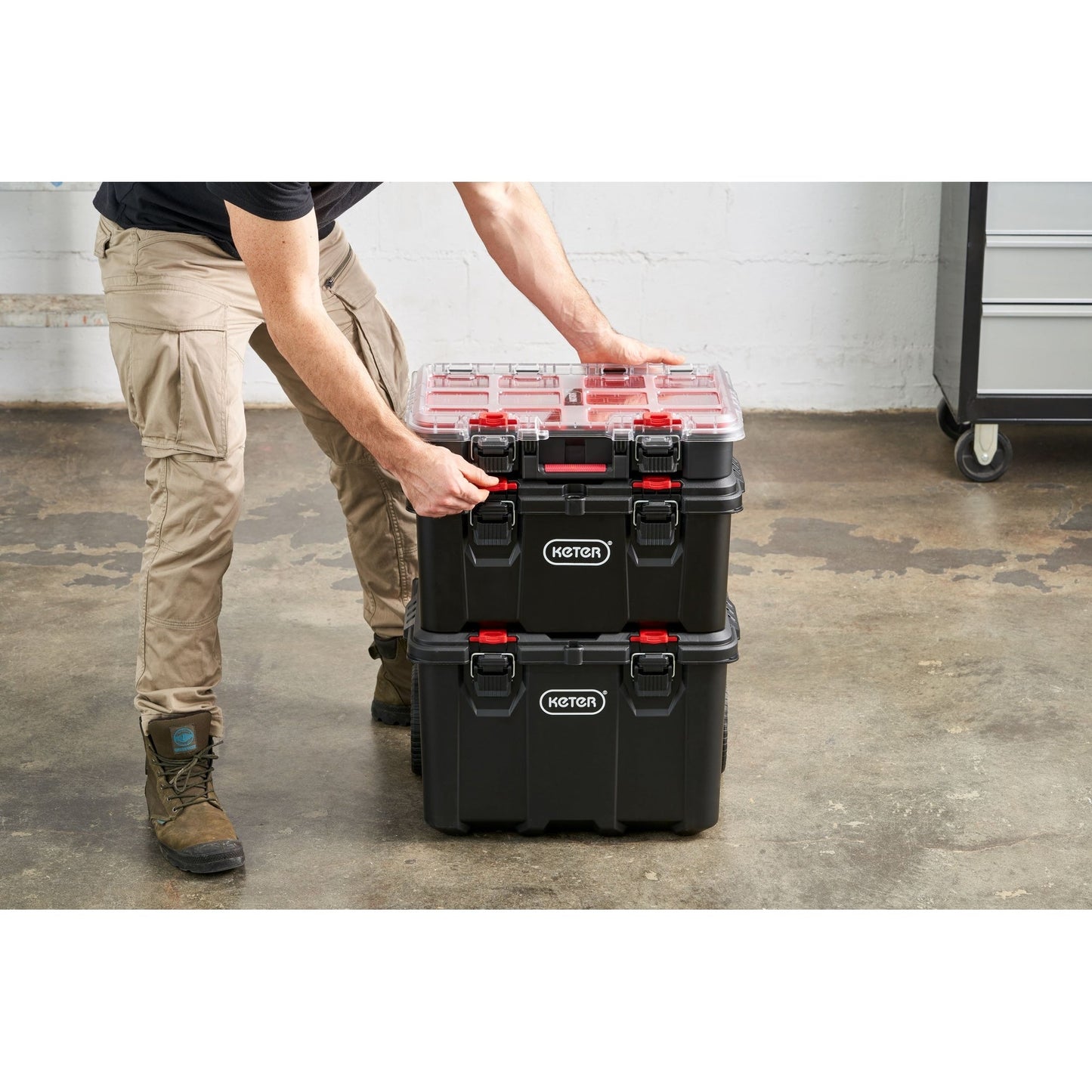 Système de rangement et d'organisation d'outils mobiles Keter Stack-n-Roll 3 pièces, boîte à outils modulaire en résine durable