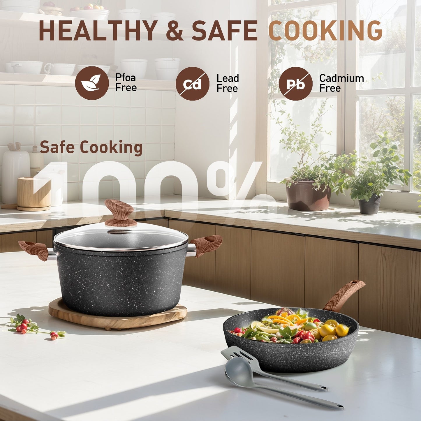 Batterie de cuisine antiadhésive, ensemble de 12 pièces (casseroles et poêles) en granit