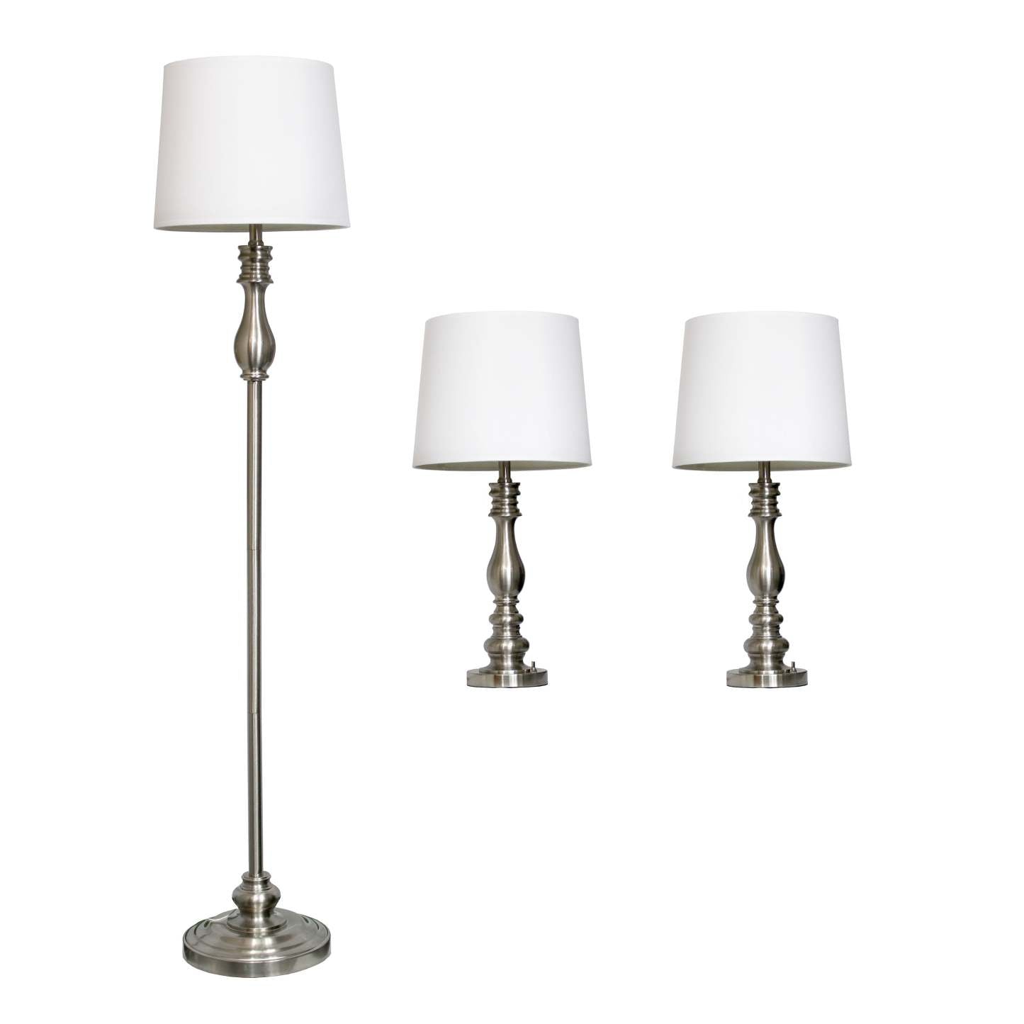Ensemble de trois lampes Elegant Designs en acier brossé (2 lampes de table, 1 lampadaire)|Ensemble 3 lampes (2 lampes de table, 1 lampe à pied) Elegant Designs acier brossé|D22DJGIA