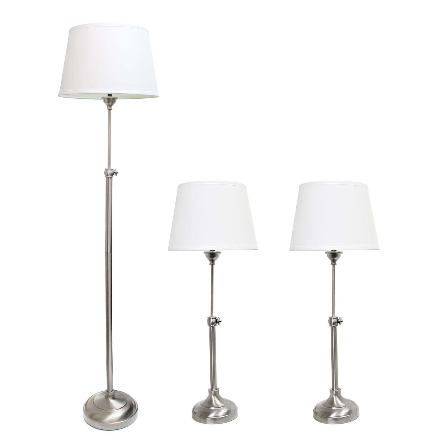 Ensemble de 3 lampes réglables en nickel brossé Elegant Designs (2 lampes de table, 1 lampadaire)|Ensemble 3 lampes réglables (2 lampes de table, 1 lampe à pied) Elegant Designs nickel brossé|D21S32E5
