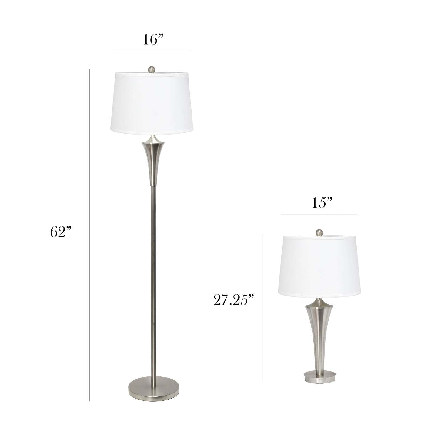 Ensemble de 3 lampes effilées Elegant Designs (2 lampes de table, 1 lampadaire) avec abat-jour blancs, nickel brossé|Ensemble 3 lampes effilées (2 lampes de table, 1 lampe à pied) Elegant Designs, nickel brossé|D21IIJLA