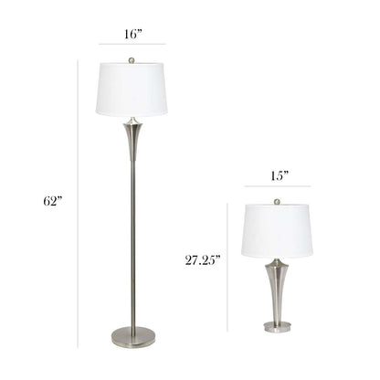 Ensemble de 3 lampes effilées Elegant Designs (2 lampes de table, 1 lampadaire) avec abat-jour blancs, nickel brossé|Ensemble 3 lampes effilées (2 lampes de table, 1 lampe à pied) Elegant Designs, nickel brossé|D21IIJLA