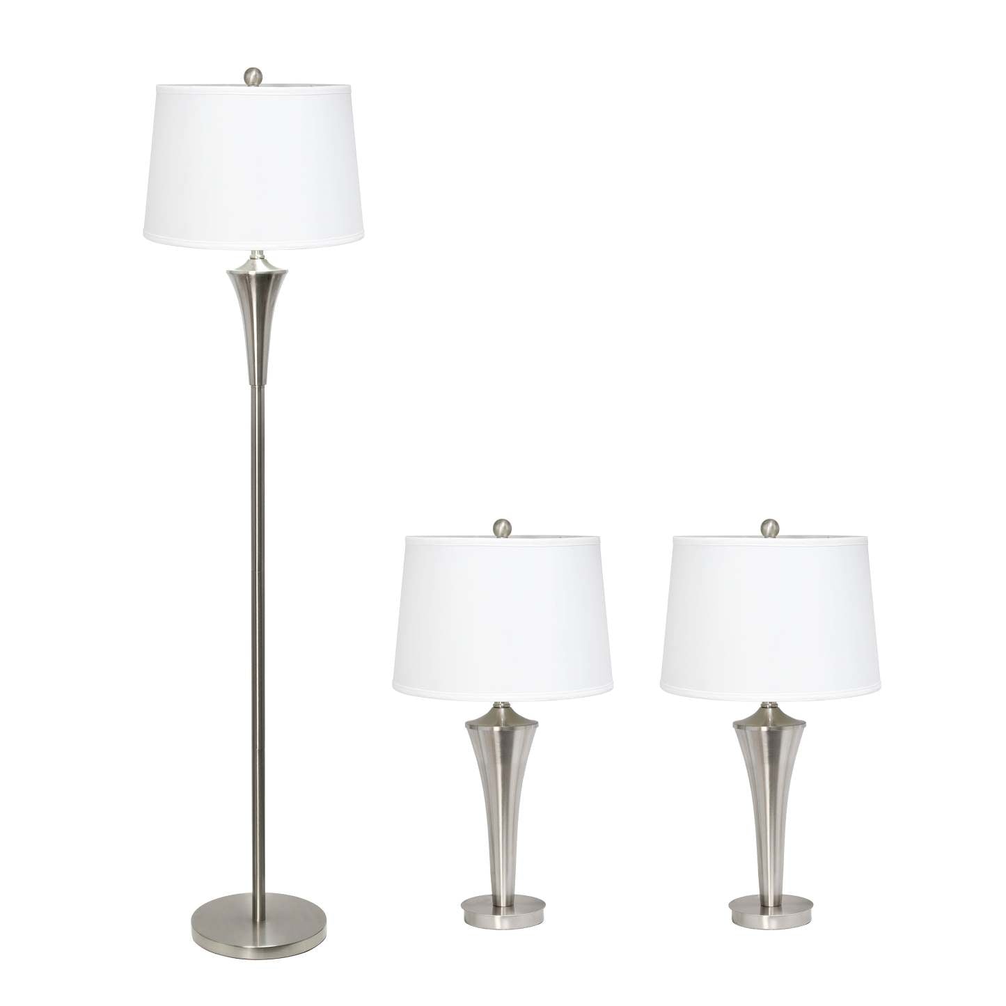 Ensemble de 3 lampes effilées Elegant Designs (2 lampes de table, 1 lampadaire) avec abat-jour blancs, nickel brossé|Ensemble 3 lampes effilées (2 lampes de table, 1 lampe à pied) Elegant Designs, nickel brossé|D21IIJLA