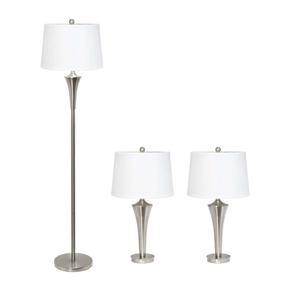 Ensemble de 3 lampes effilées Elegant Designs (2 lampes de table, 1 lampadaire) avec abat-jour blancs, nickel brossé|Ensemble 3 lampes effilées (2 lampes de table, 1 lampe à pied) Elegant Designs, nickel brossé|D21IIJLA