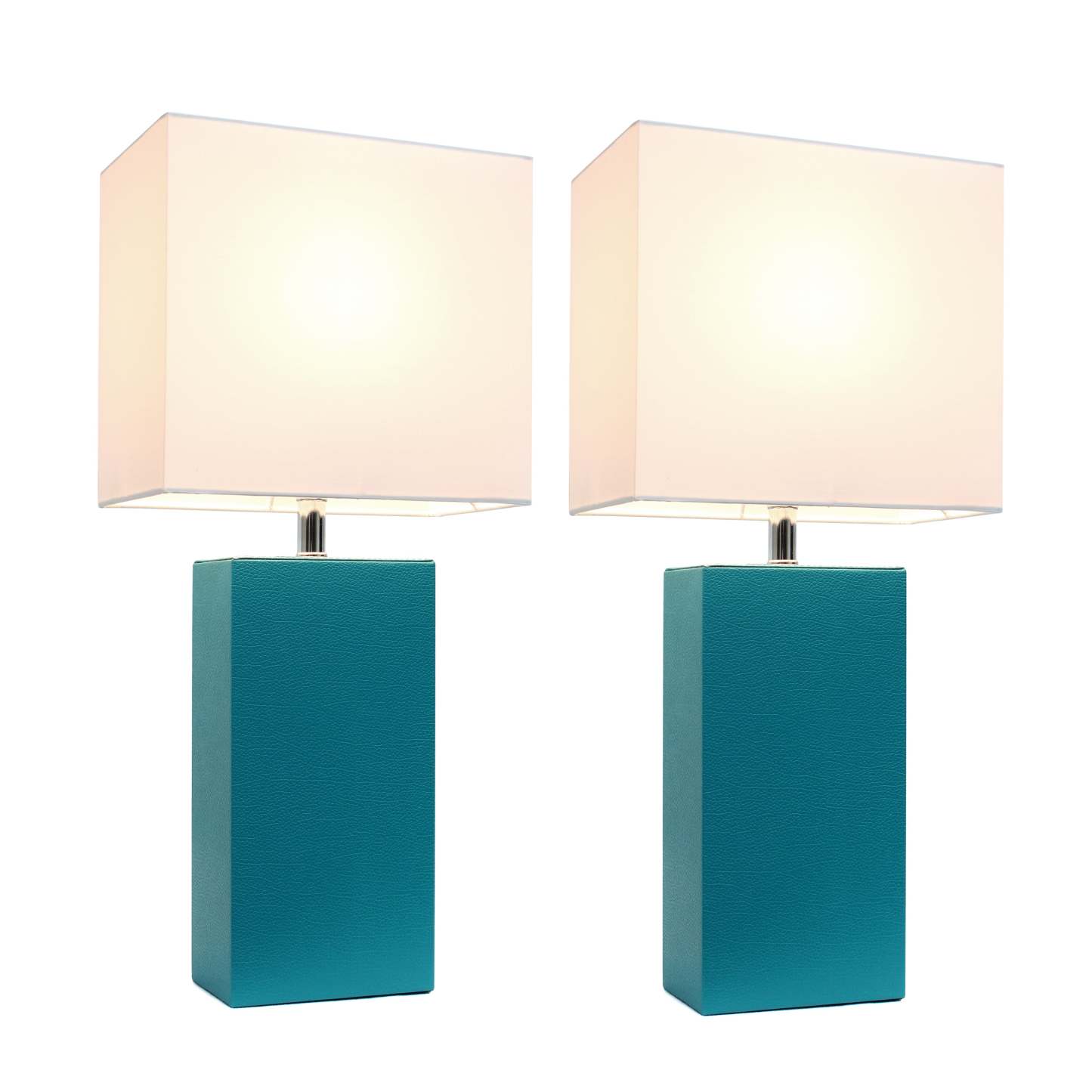 Ensemble 2 lampes de table modernes en cuir Elegant Designs avec abat-jours en tissu blanc, ensemble de lampes turquoise|D22E49GF