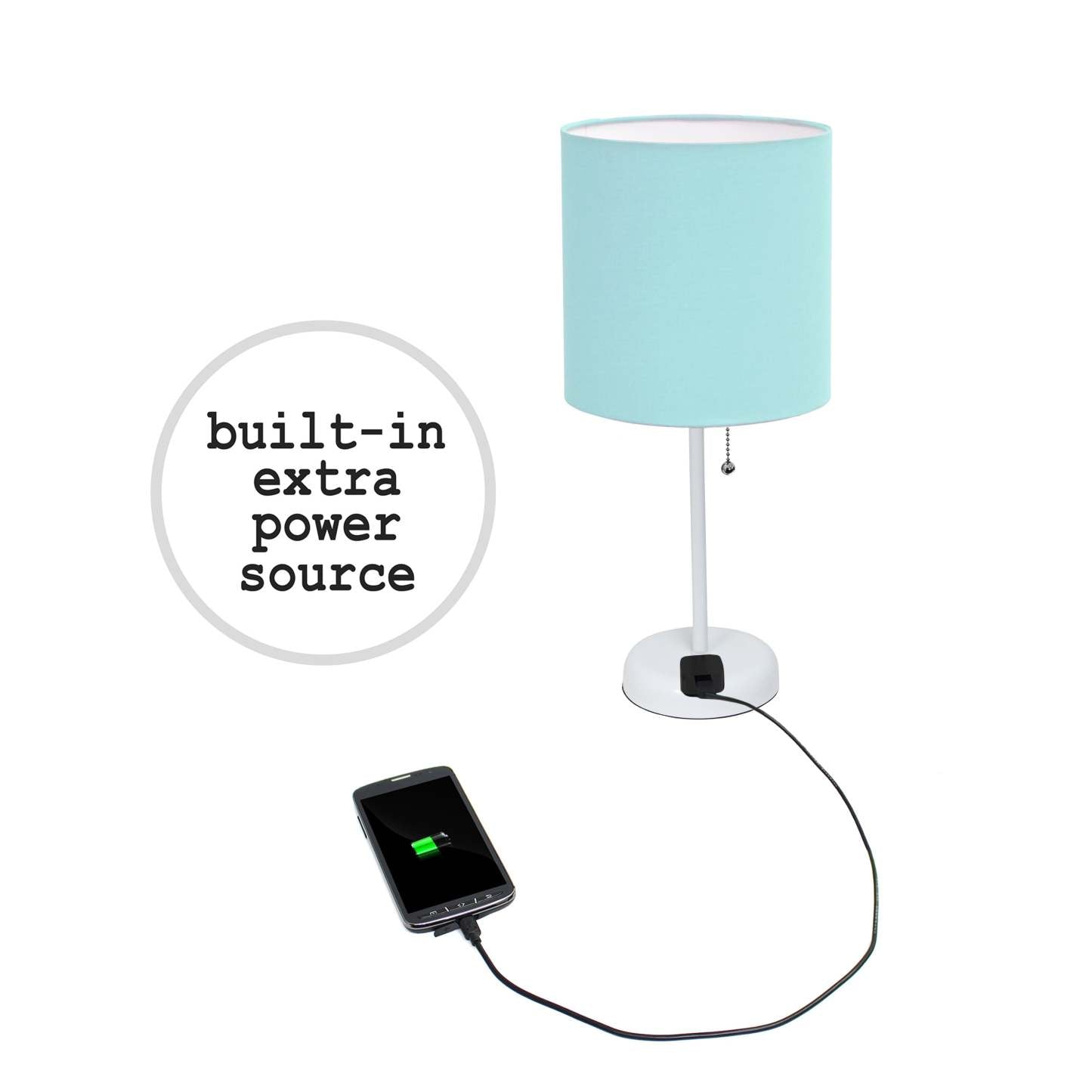 Lampe de table Limelights blanche avec prise de recharge et abat-jour en tissu, ensemble de 2 lampes, ensemble de lampes aqua | Ensemble de 2 lampes de table Limelights turquoise avec pied mince blanc et prise de recharge | D21I2Z48