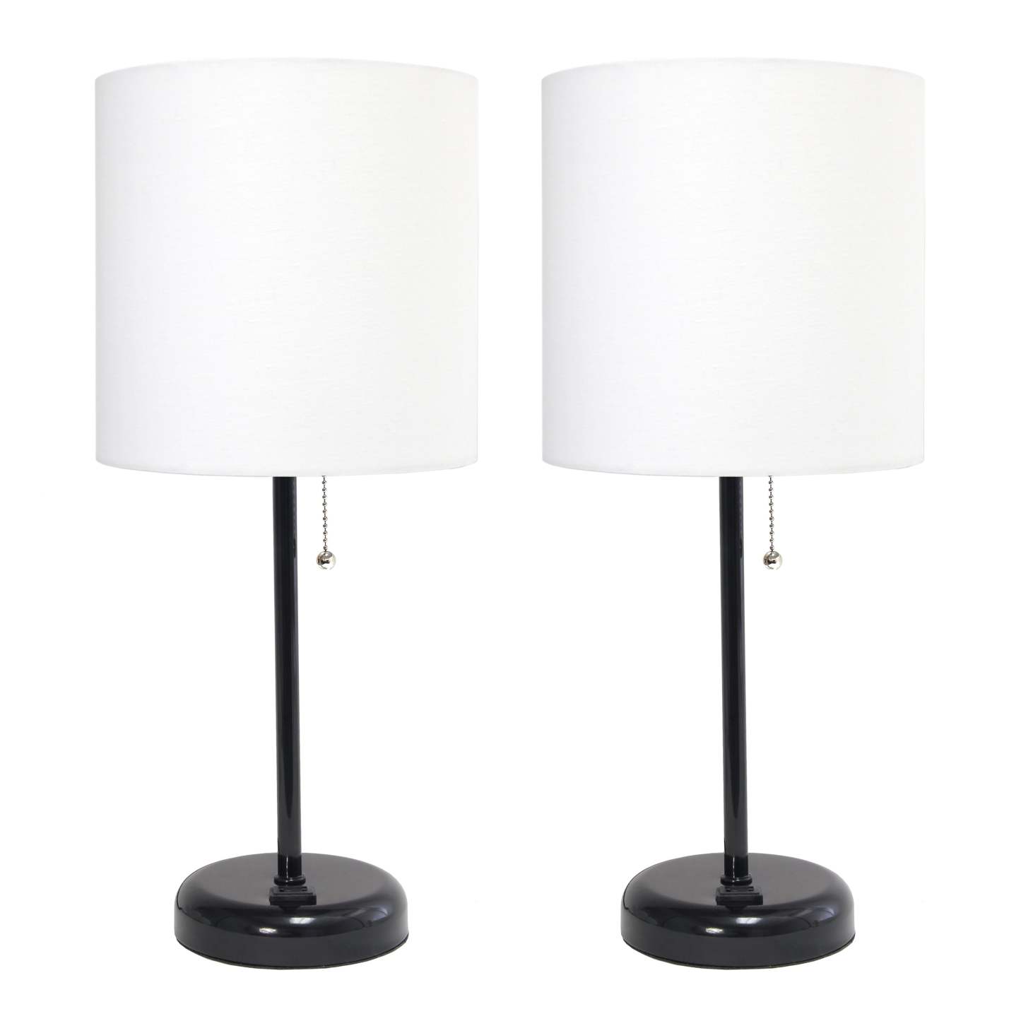 Limelights Ensemble de 2 lampes noires avec prise de recharge et abat-jour en tissu, Ensemble de lampes blanches|Ensemble 2 lampes Limelights blanches avec pied mince noir et prise de recharge|D2172NK2